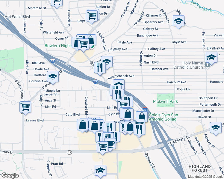 map of restaurants, bars, coffee shops, grocery stores, and more near 444 Utopia Avenue in San Antonio