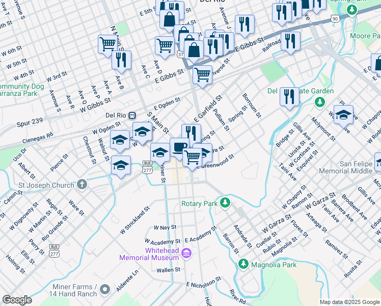 map of restaurants, bars, coffee shops, grocery stores, and more near 400 Pecan Street in Del Rio