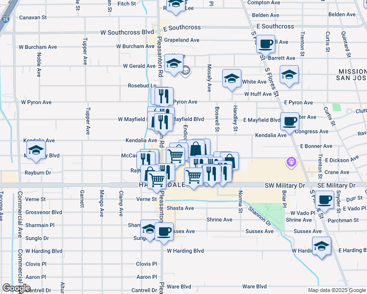 map of restaurants, bars, coffee shops, grocery stores, and more near 423 Endicott Street in San Antonio