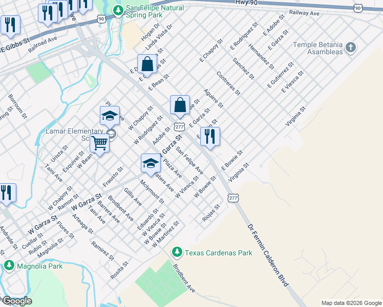map of restaurants, bars, coffee shops, grocery stores, and more near 806 San Felipe Avenue in Del Rio