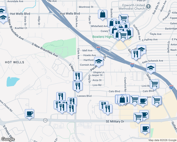map of restaurants, bars, coffee shops, grocery stores, and more near 130 Johnathan Avenue in San Antonio