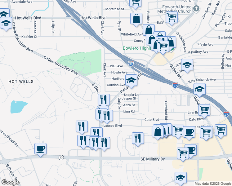 map of restaurants, bars, coffee shops, grocery stores, and more near 130 Johnathan Avenue in San Antonio