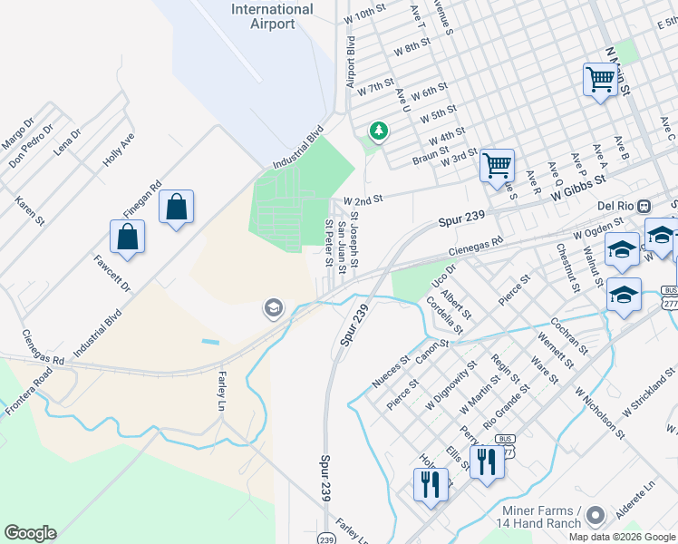map of restaurants, bars, coffee shops, grocery stores, and more near 104 San Juan Street in Del Rio