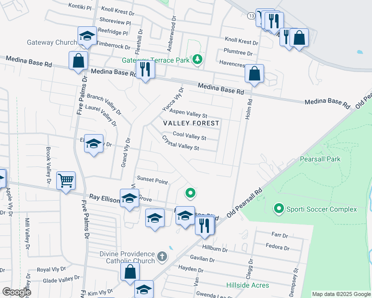 map of restaurants, bars, coffee shops, grocery stores, and more near 5538 Crystal Valley Drive in San Antonio