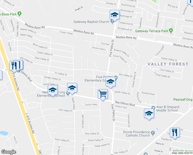 map of restaurants, bars, coffee shops, grocery stores, and more near 5914 Fir Valley Drive in San Antonio