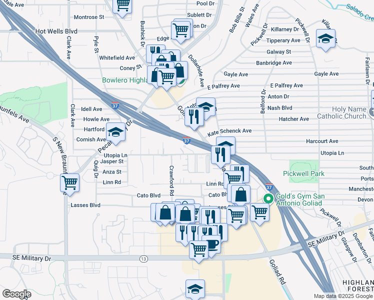 map of restaurants, bars, coffee shops, grocery stores, and more near 6711 Utopia Heights in San Antonio
