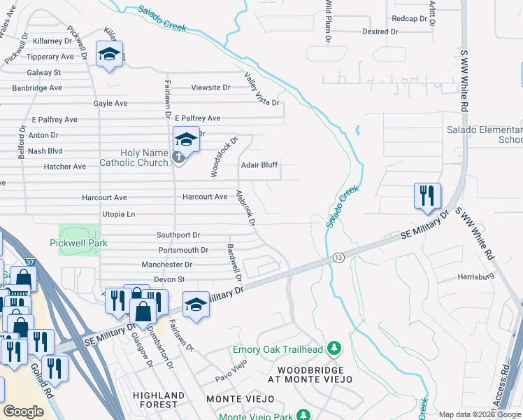 map of restaurants, bars, coffee shops, grocery stores, and more near 602 Kenswick View in San Antonio