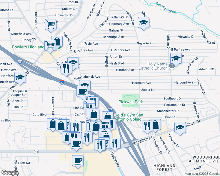 map of restaurants, bars, coffee shops, grocery stores, and more near 703 Utopia Lane in San Antonio