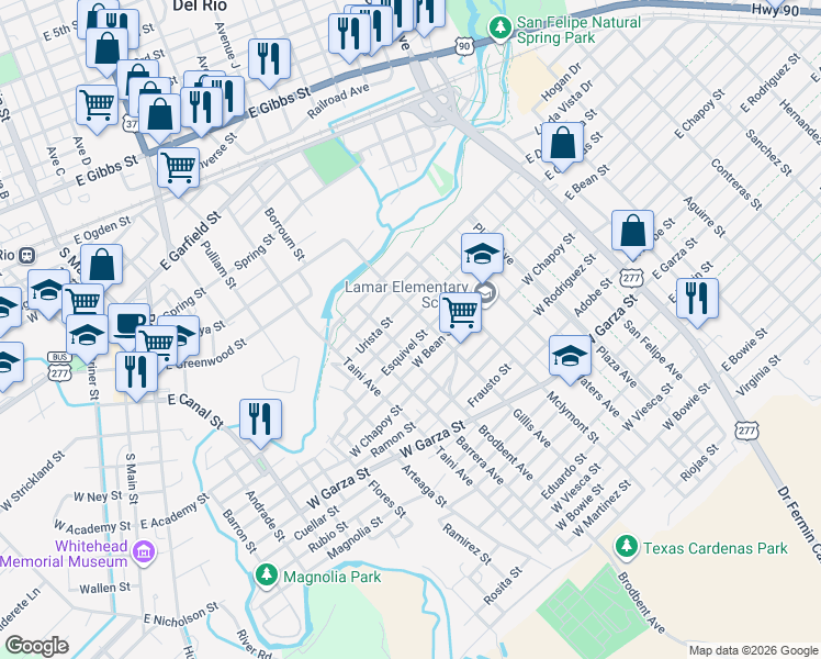 map of restaurants, bars, coffee shops, grocery stores, and more near 511 Esquivel St in Del Rio