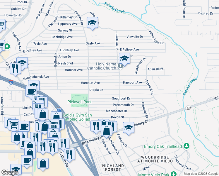 map of restaurants, bars, coffee shops, grocery stores, and more near 863 Utopia Lane in San Antonio