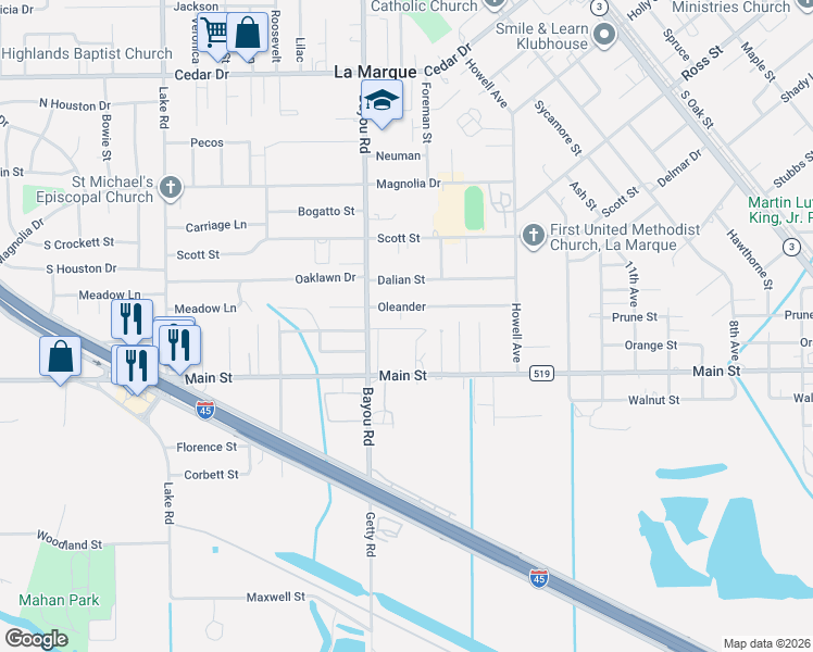 map of restaurants, bars, coffee shops, grocery stores, and more near 2106 Glendale Street in La Marque