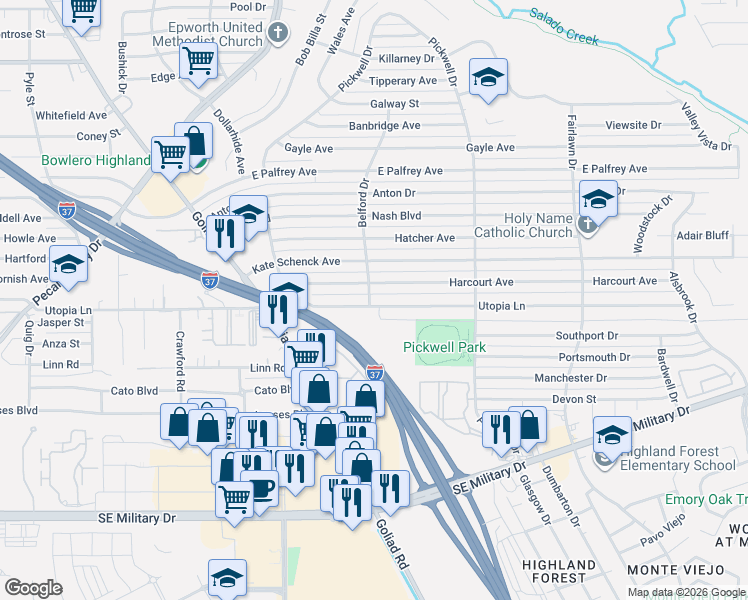 map of restaurants, bars, coffee shops, grocery stores, and more near 703 Utopia Lane in San Antonio