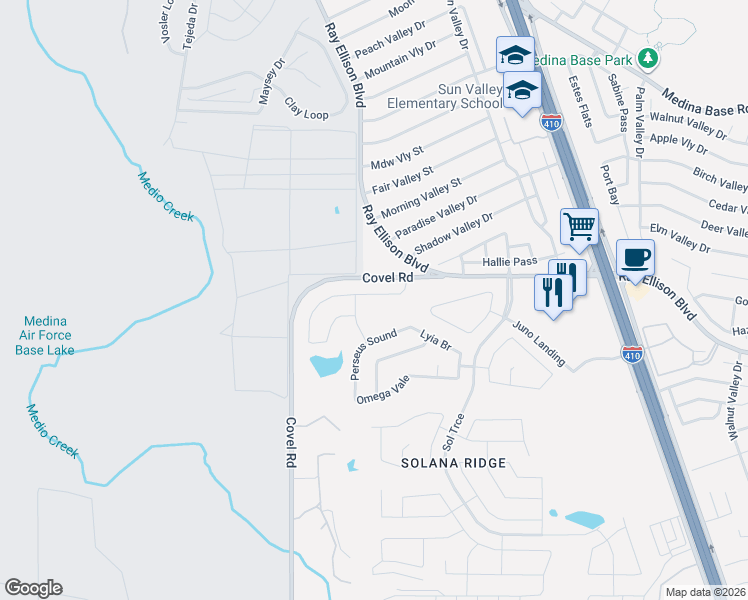 map of restaurants, bars, coffee shops, grocery stores, and more near 7430 Hercules Point in San Antonio