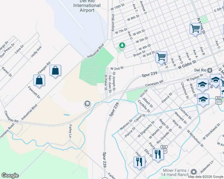 map of restaurants, bars, coffee shops, grocery stores, and more near 104 San Juan Street in Del Rio