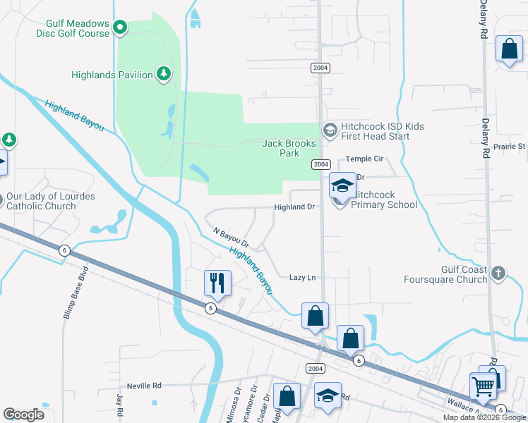 map of restaurants, bars, coffee shops, grocery stores, and more near 305 Highland Drive in Hitchcock