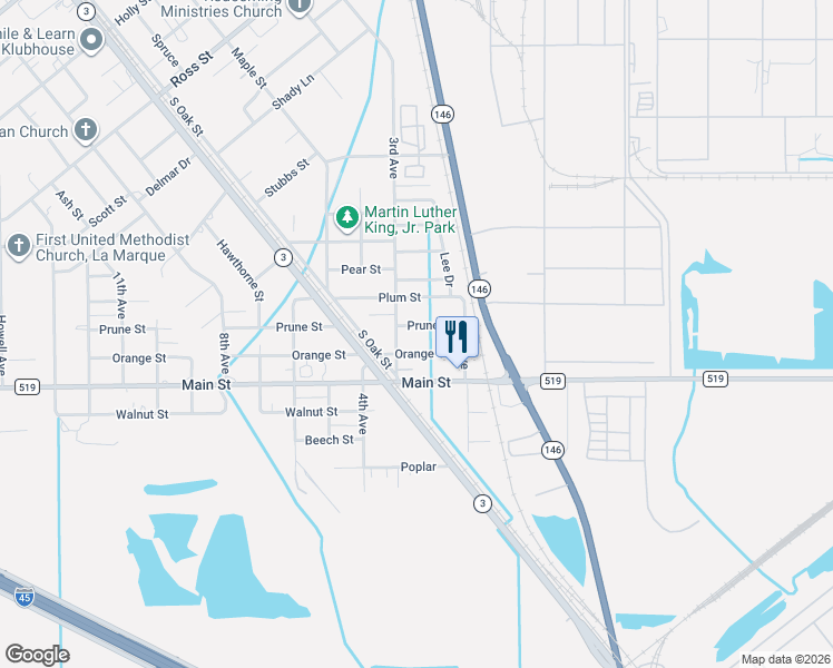 map of restaurants, bars, coffee shops, grocery stores, and more near 220 Orange Street in La Marque