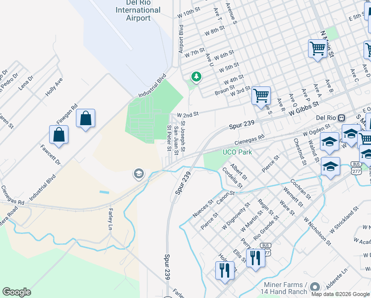 map of restaurants, bars, coffee shops, grocery stores, and more near Lionel Martinez Boulevard in Del Rio