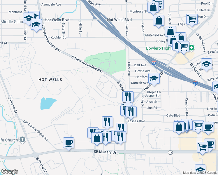 map of restaurants, bars, coffee shops, grocery stores, and more near 6639 South New Braunfels Avenue in San Antonio