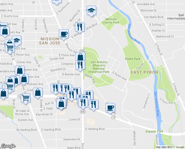 map of restaurants, bars, coffee shops, grocery stores, and more near 3374 Mission Road in San Antonio