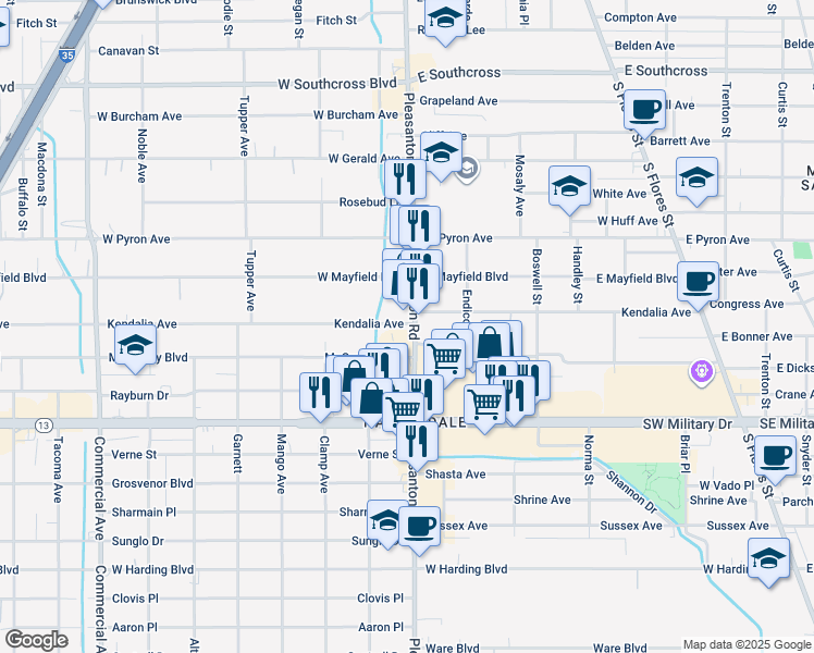map of restaurants, bars, coffee shops, grocery stores, and more near 2112 Pleasanton Road in San Antonio