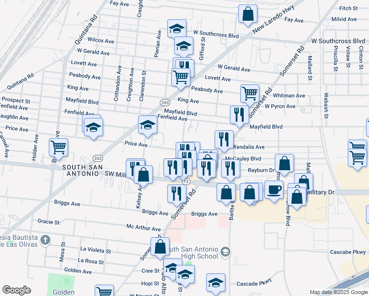 map of restaurants, bars, coffee shops, grocery stores, and more near 164 Price Avenue in San Antonio
