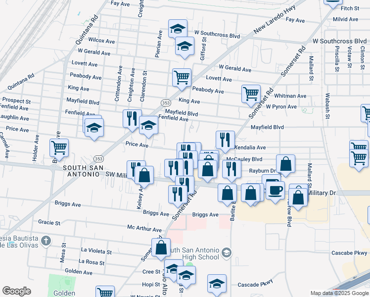 map of restaurants, bars, coffee shops, grocery stores, and more near 164 Price Avenue in San Antonio