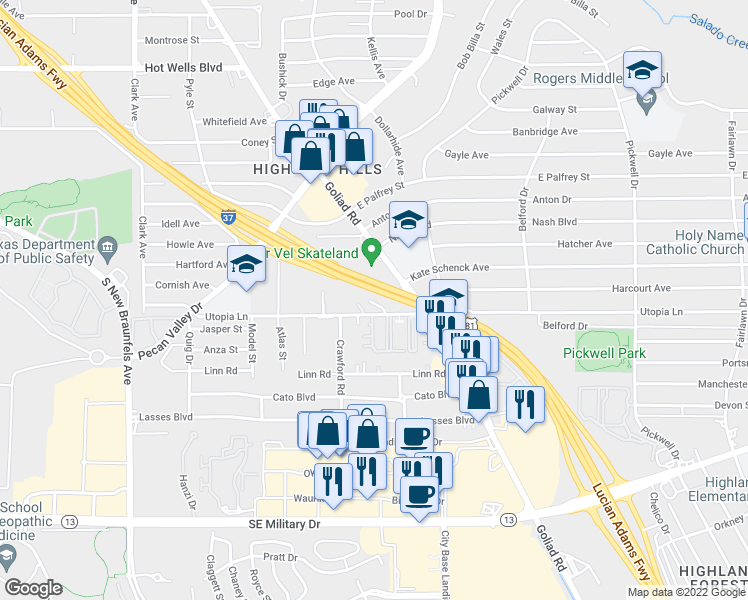 map of restaurants, bars, coffee shops, grocery stores, and more near 6710 Utopia Heights in San Antonio