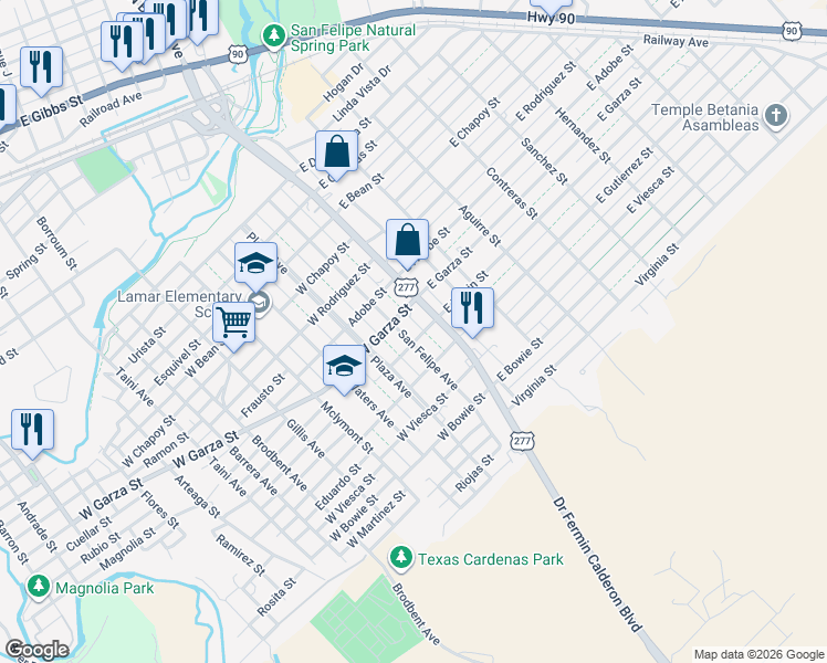 map of restaurants, bars, coffee shops, grocery stores, and more near 806 San Felipe Avenue in Del Rio