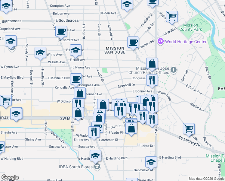 map of restaurants, bars, coffee shops, grocery stores, and more near 414 East Bonner Avenue in San Antonio
