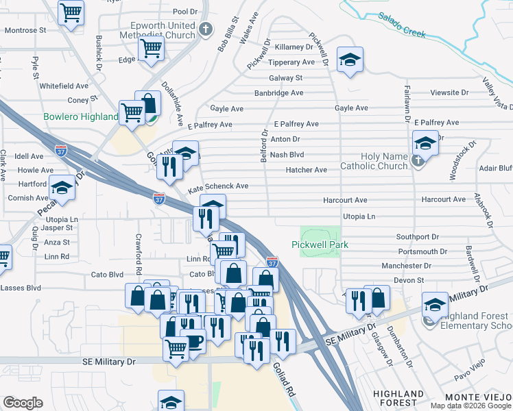 map of restaurants, bars, coffee shops, grocery stores, and more near 703 Utopia Lane in San Antonio