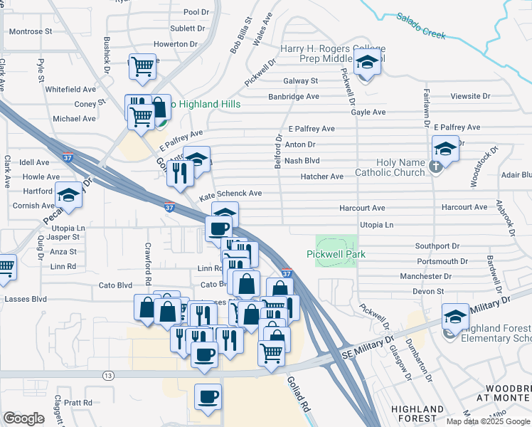 map of restaurants, bars, coffee shops, grocery stores, and more near 146 Harcourt Avenue in San Antonio