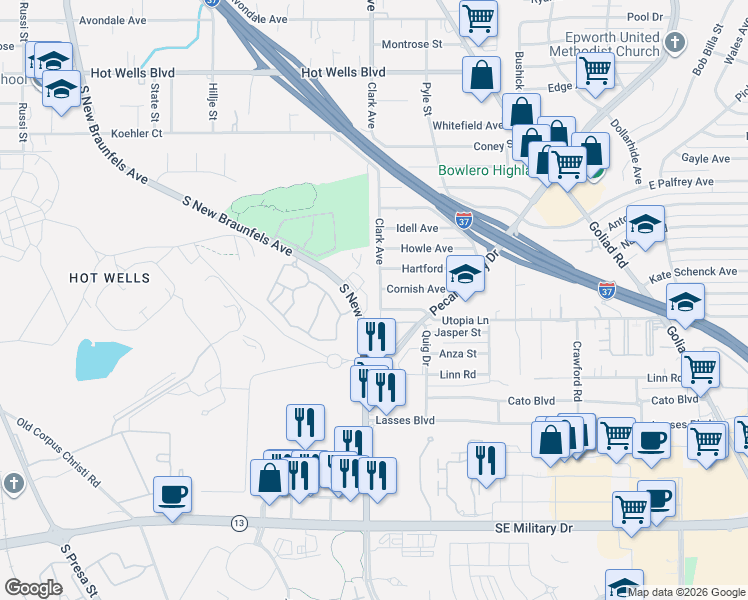 map of restaurants, bars, coffee shops, grocery stores, and more near 5507 Clark Avenue in San Antonio