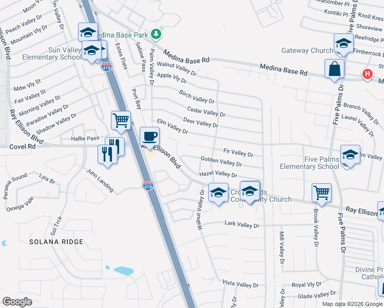 map of restaurants, bars, coffee shops, grocery stores, and more near 6327 Hazel Valley Drive in San Antonio