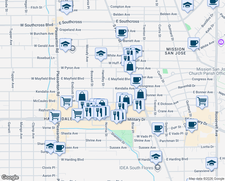 map of restaurants, bars, coffee shops, grocery stores, and more near 146 Harald Court in San Antonio