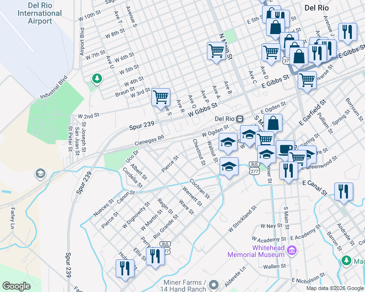 map of restaurants, bars, coffee shops, grocery stores, and more near 601-699 W Ogden St in Del Rio