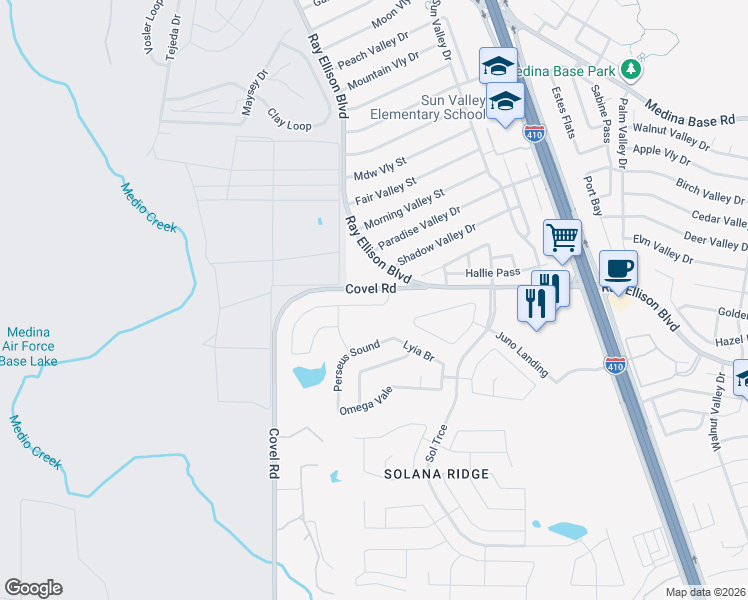 map of restaurants, bars, coffee shops, grocery stores, and more near 186 Shadow Valley Drive in San Antonio