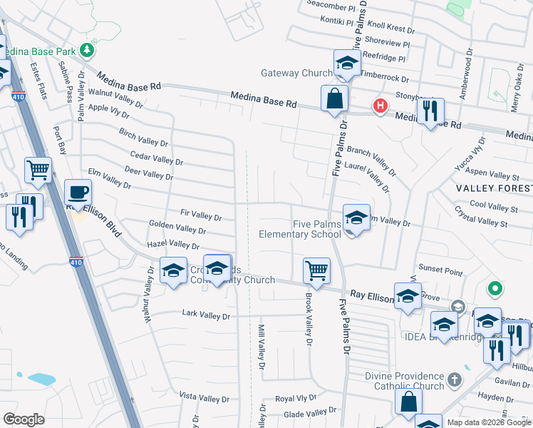 map of restaurants, bars, coffee shops, grocery stores, and more near 7042 Clear Valley Drive in San Antonio