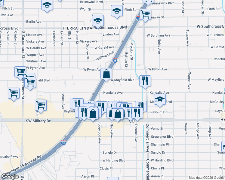 map of restaurants, bars, coffee shops, grocery stores, and more near 376 West Mayfield Boulevard in San Antonio