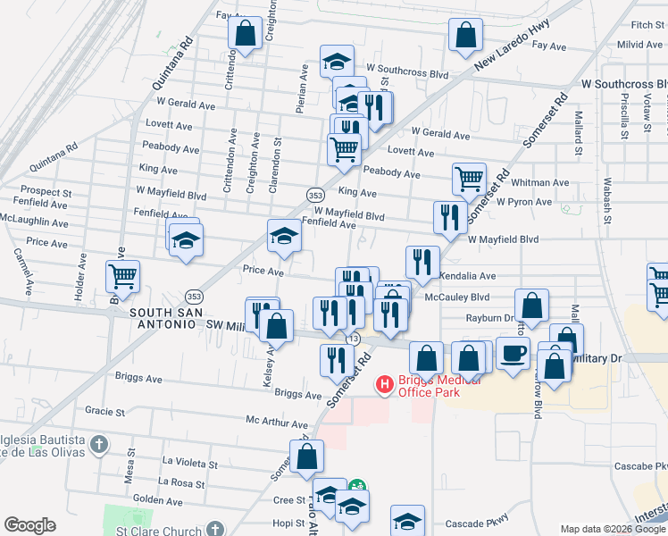 map of restaurants, bars, coffee shops, grocery stores, and more near 633 Fleming Street in San Antonio