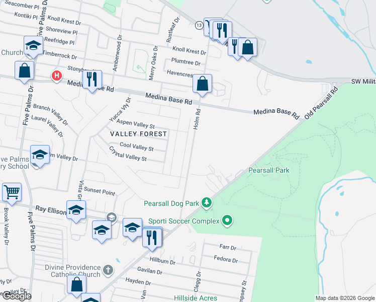 map of restaurants, bars, coffee shops, grocery stores, and more near 7001-7363 Holm Road in San Antonio