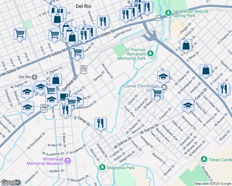 map of restaurants, bars, coffee shops, grocery stores, and more near East Greenwood Street in Del Rio