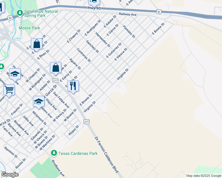 map of restaurants, bars, coffee shops, grocery stores, and more near 100 Carla Drive in Del Rio