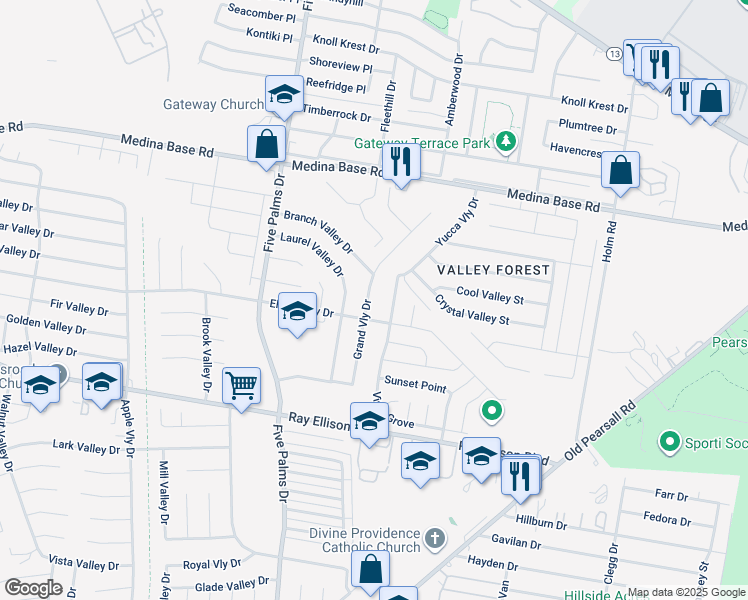 map of restaurants, bars, coffee shops, grocery stores, and more near 7018 Grand Valley Street in San Antonio
