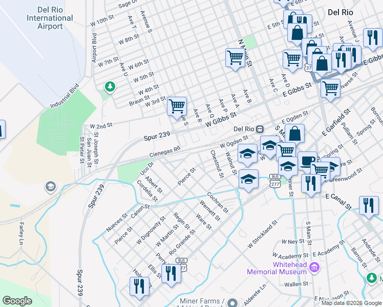 map of restaurants, bars, coffee shops, grocery stores, and more near 699 W Ogden St in Del Rio