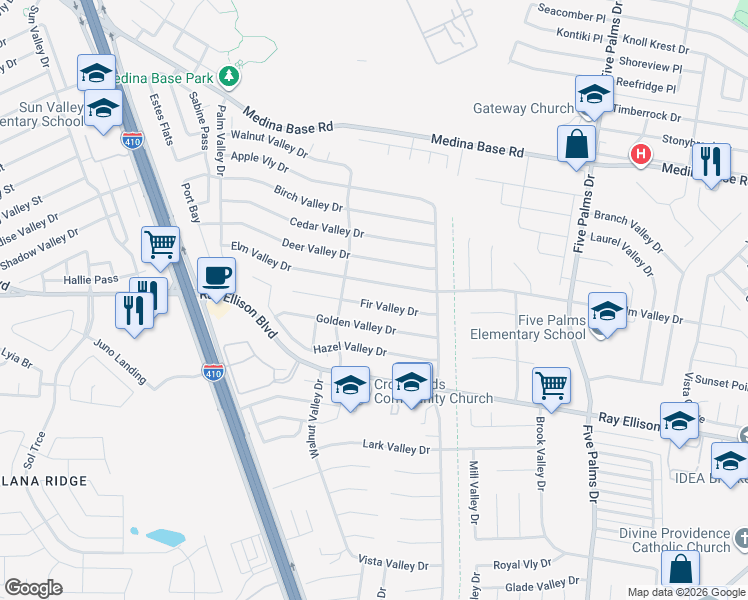 map of restaurants, bars, coffee shops, grocery stores, and more near 6147 Fir Valley Drive in San Antonio