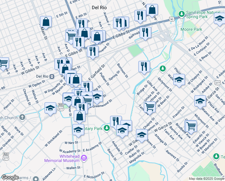 map of restaurants, bars, coffee shops, grocery stores, and more near 501 Pulliam Street in Del Rio