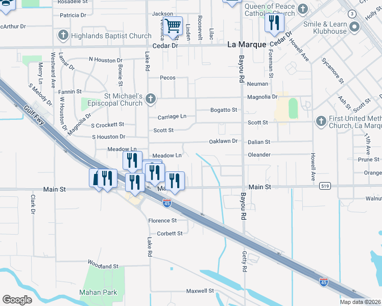 map of restaurants, bars, coffee shops, grocery stores, and more near 2203 Oaklawn Drive in La Marque
