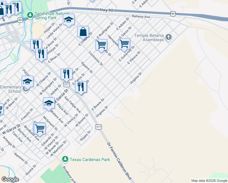 map of restaurants, bars, coffee shops, grocery stores, and more near 303 East Bowie Street in Del Rio