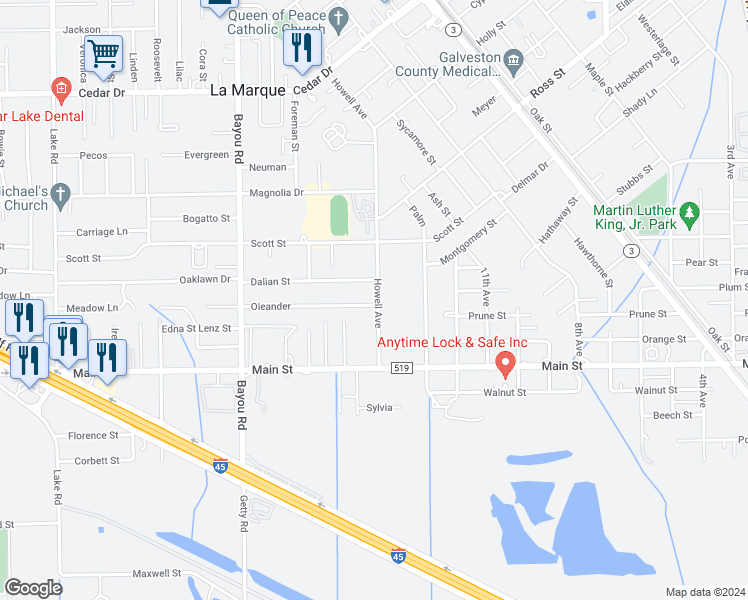map of restaurants, bars, coffee shops, grocery stores, and more near in Texas City