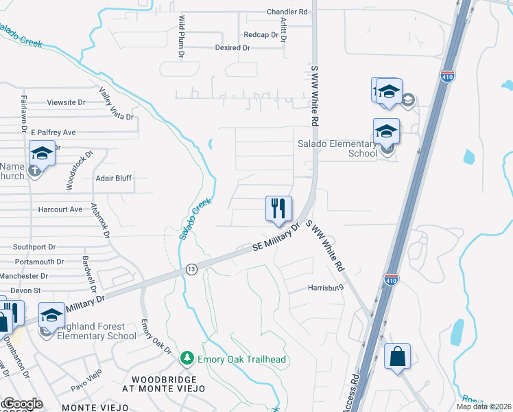 map of restaurants, bars, coffee shops, grocery stores, and more near 3623 South WW White Road in San Antonio